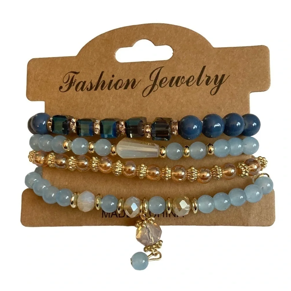 Bracelet / 4 Pcs Multilayer Natural Stone Crystal Elastic Bangle